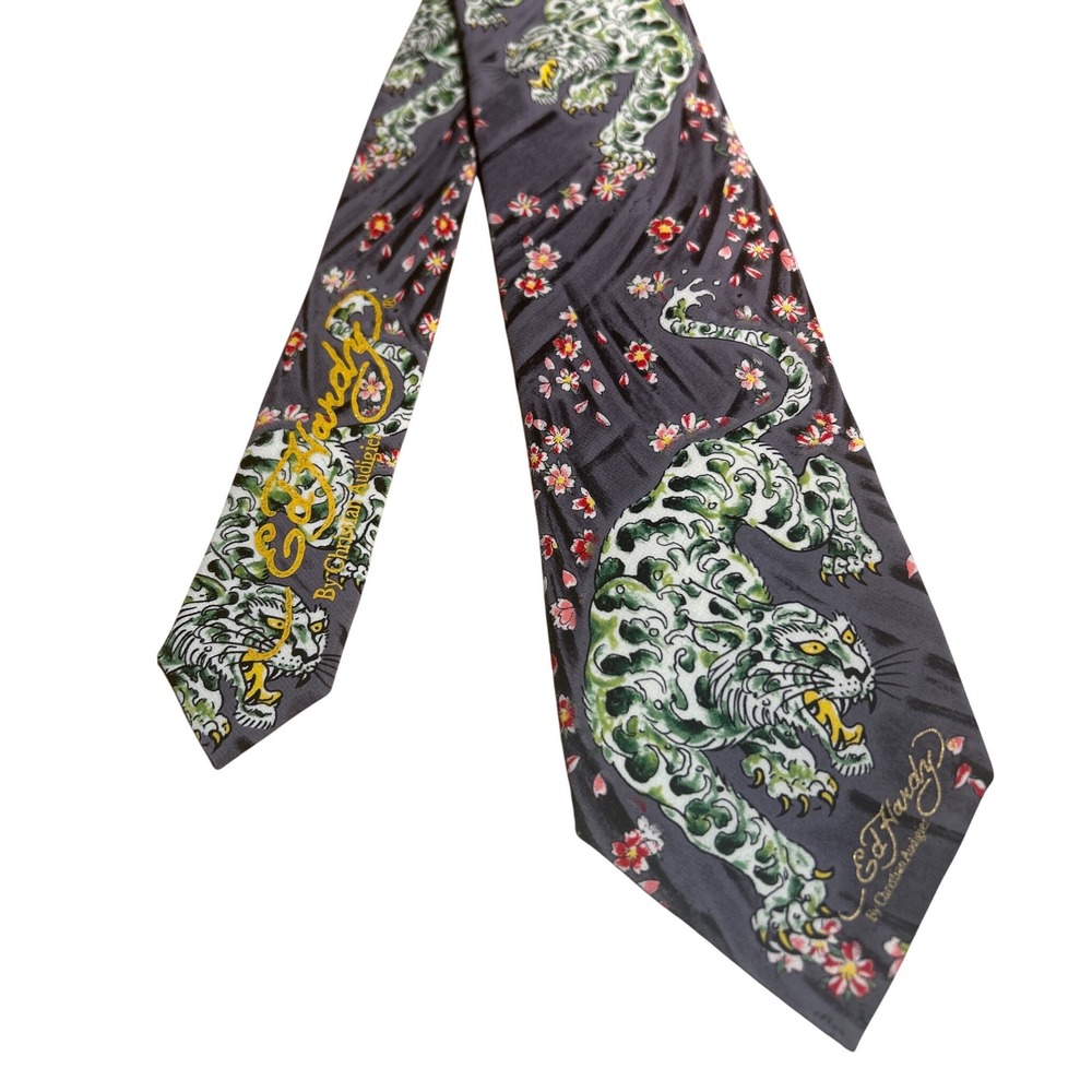 Ed Hardy Christian Audigier 100% Silk Tie Tiger Cherry Blossom Gray Tattoo Y2K